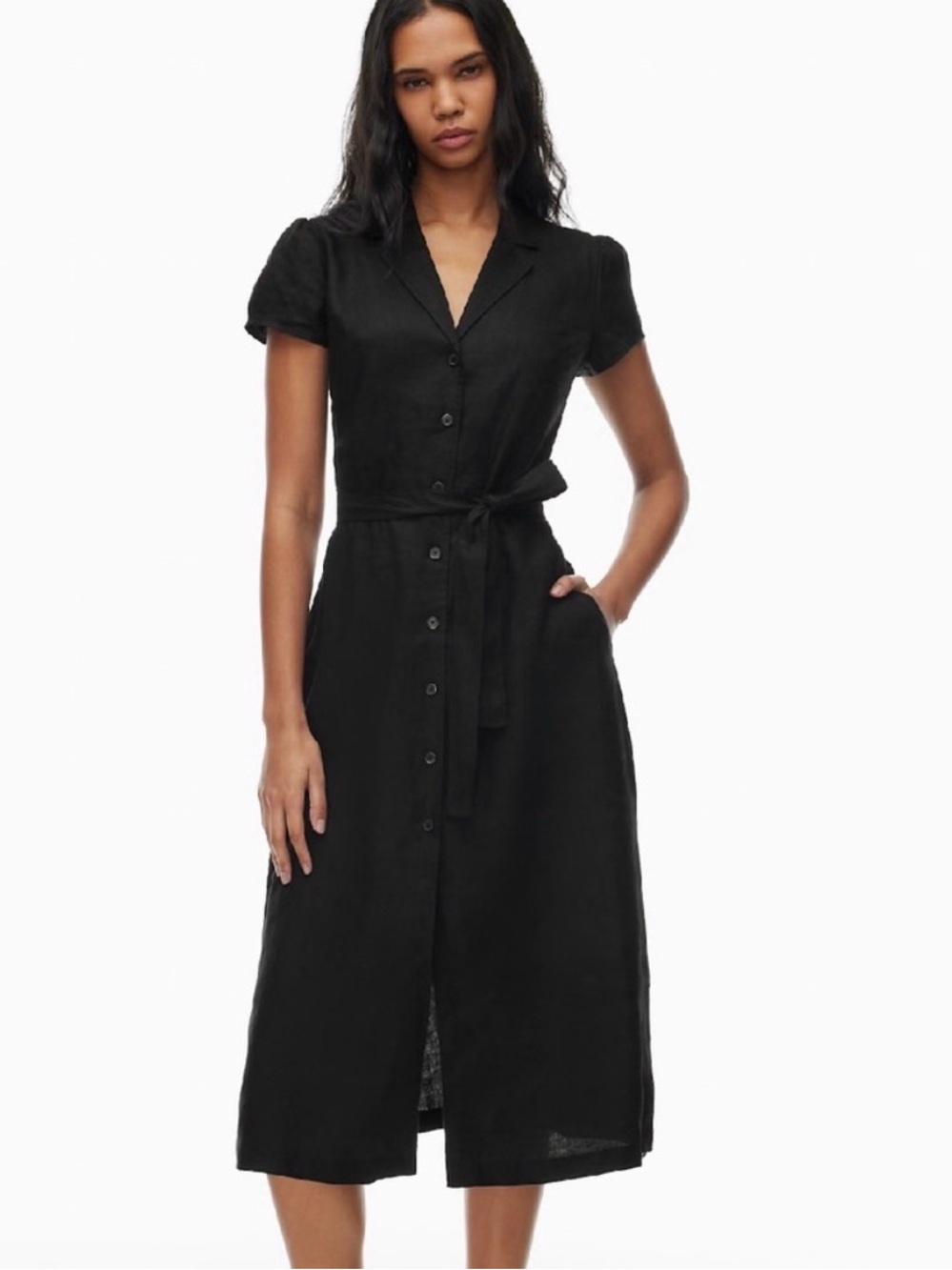 Wilfred Black Button-Front Midi Dress with Tie Waist